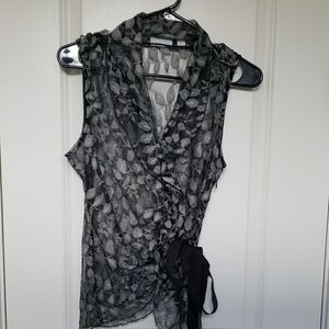 New York & Company Black and Gray Wrap Blouse with Notched Collar